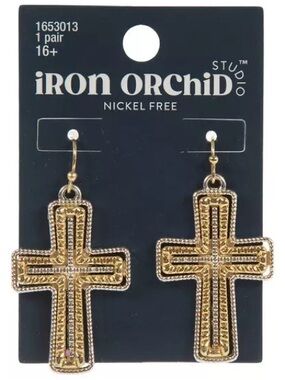 New iRON ORChiD Gold Cross Dangle Earrings